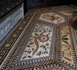 mosaic floor, after restoration with new made picture of the snake and new made "Temperantia"