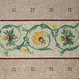 Ornamental floral mosaic made of glass and marble